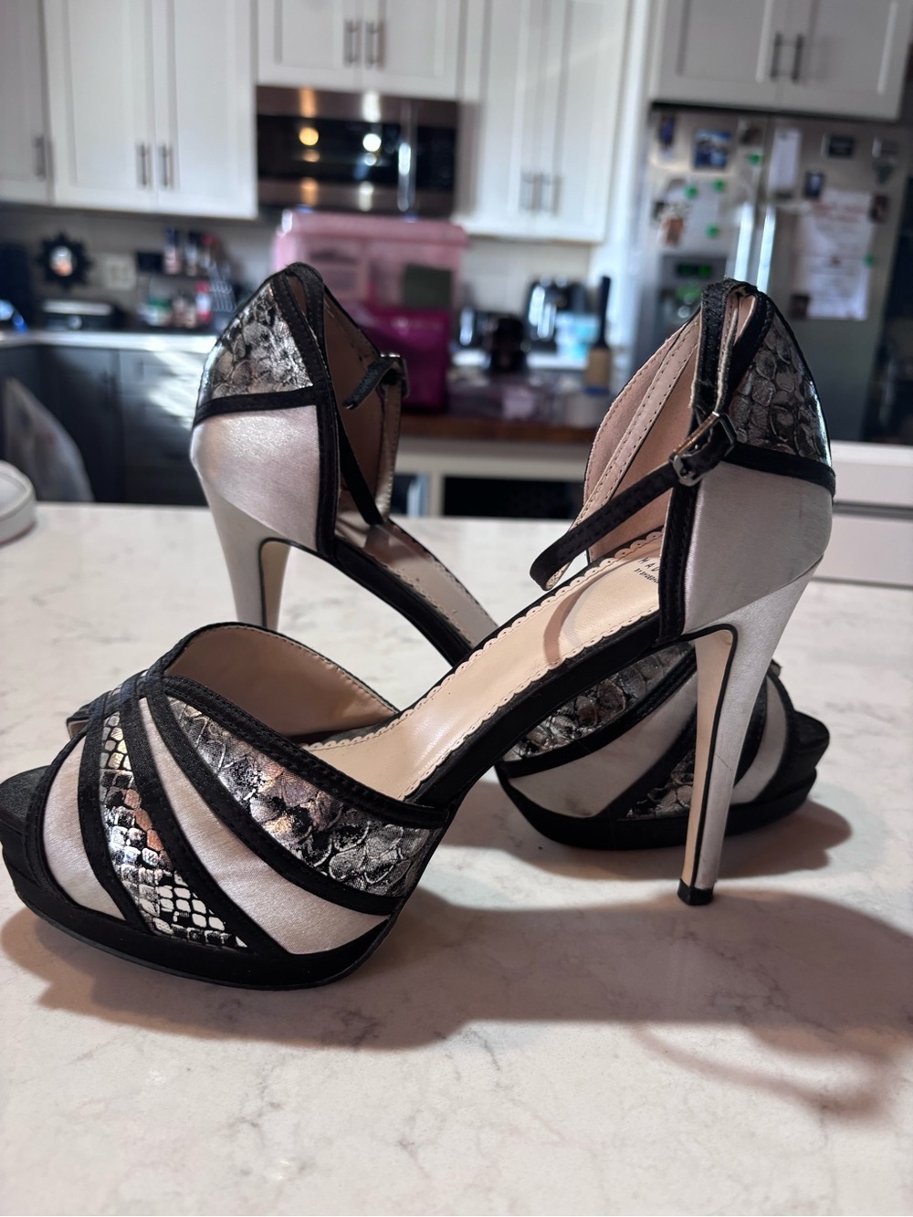 Y2K retired hells Madison Silver and Black Snake-Accent Stiletto Heels
